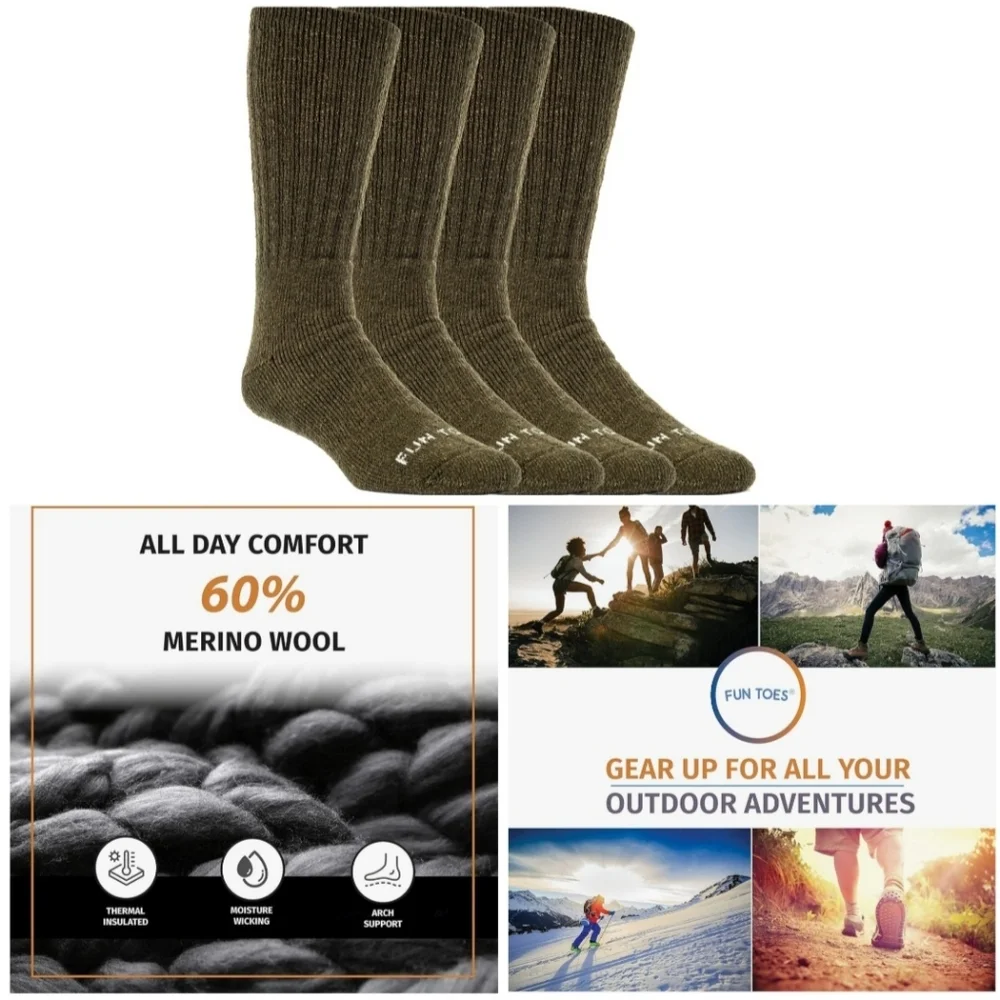 Nwt 4 Pair Merino Wool Fun Toes Kids Socks Cushioned Skiing Snow Hiking Womens
